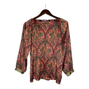 Loft Women Paisley Boat Neck Peasant Blouse Women XS Boho Ballon Sleeve Colorful